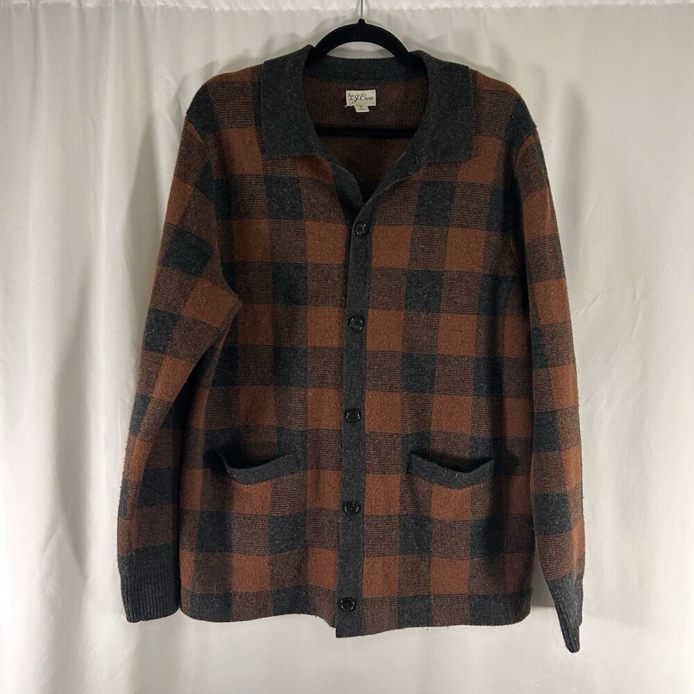 J. Crew Merino Wool Blend Cardigan Men's Large Brown Plaid Button Up Pockets